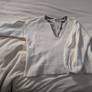Madewell V-Neck Sweater in Cream with Black Accents